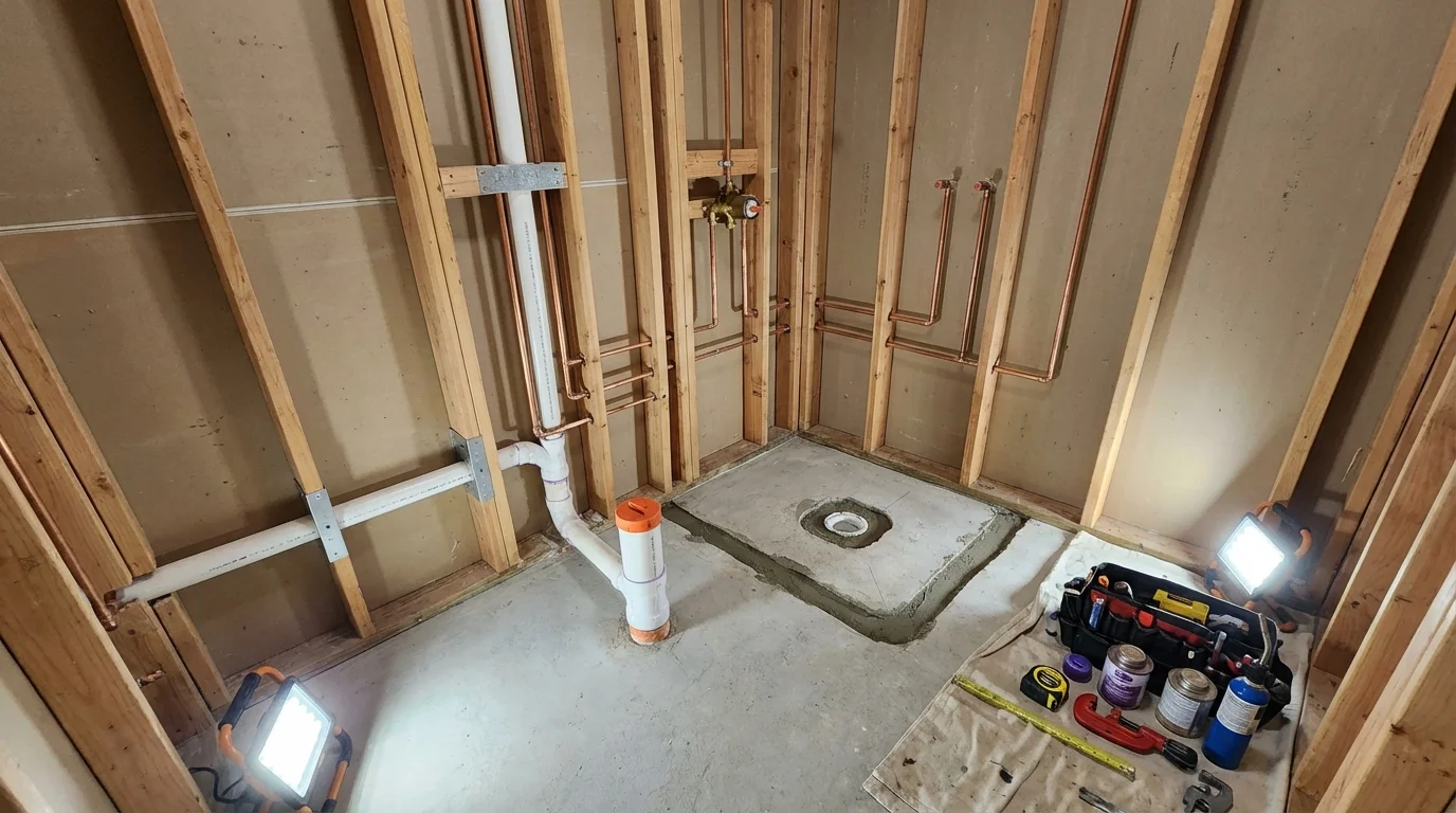 Bathroom rough-in plumbing during remodel by Johns Plumbing LLC in Winner