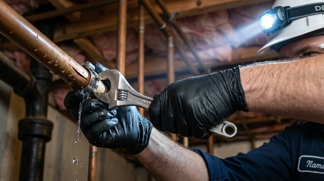 Emergency pipe clamp repair being performed by a Johns Plumbing LLC plumber in Winner