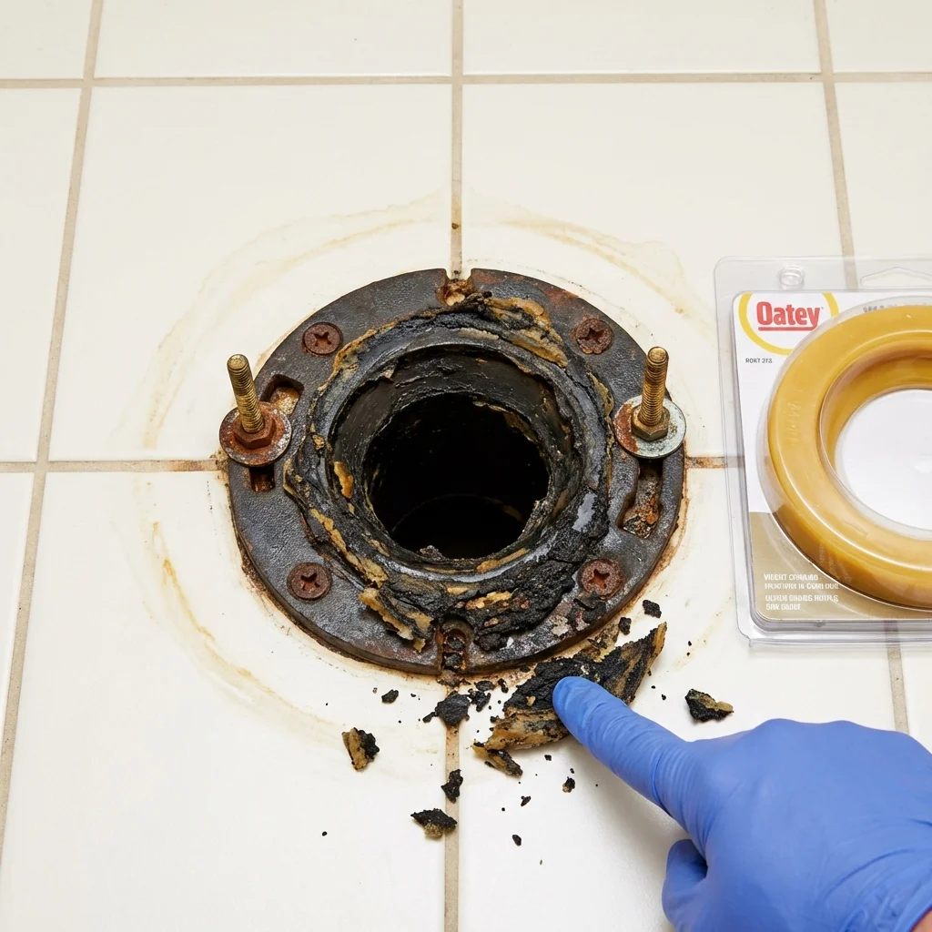 Failed wax ring showing water seepage at the base of a toilet in a Winner, SD home