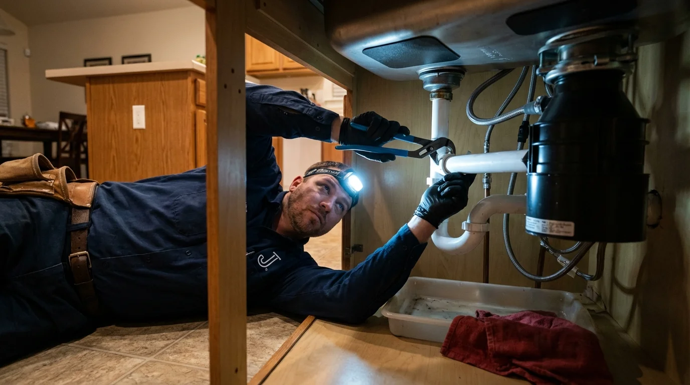P-trap and supply line connections under a kitchen sink showing a common leak point in Winner, SD